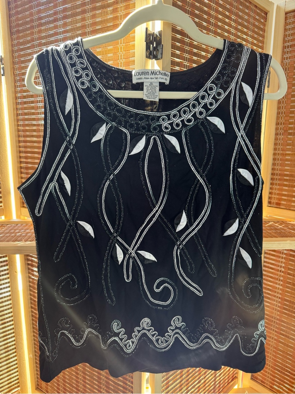 Lauren Michelle Black Tank with White Embroidered Leaf Accents N0356